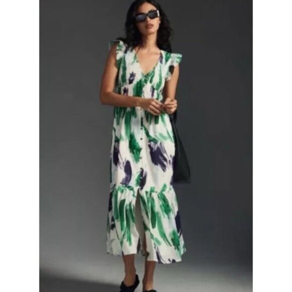 Anthropologie Midi Dress Womens Medium The Peregrine Green Blue Tiered - Picture 2 of 16